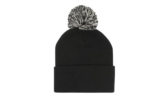 Acrylic Roll Up Beanie Toque w/ Pom Pom | AG4256 in Black w/ Black & White
