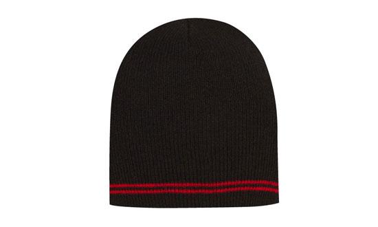 Acrylic Beanie Skull Toque w/ Stripes | AG4259 in Black & Red